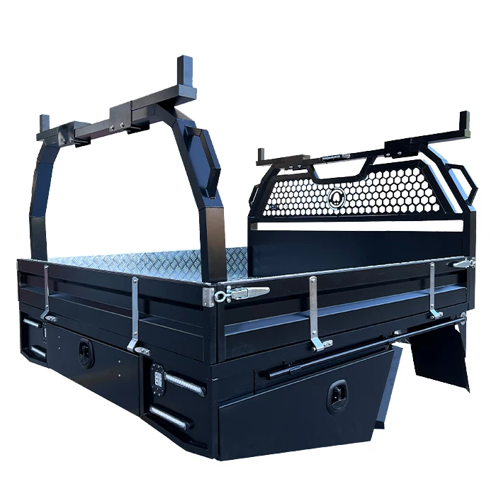 dual cab ute tray with rear hoop drop side powder coating black