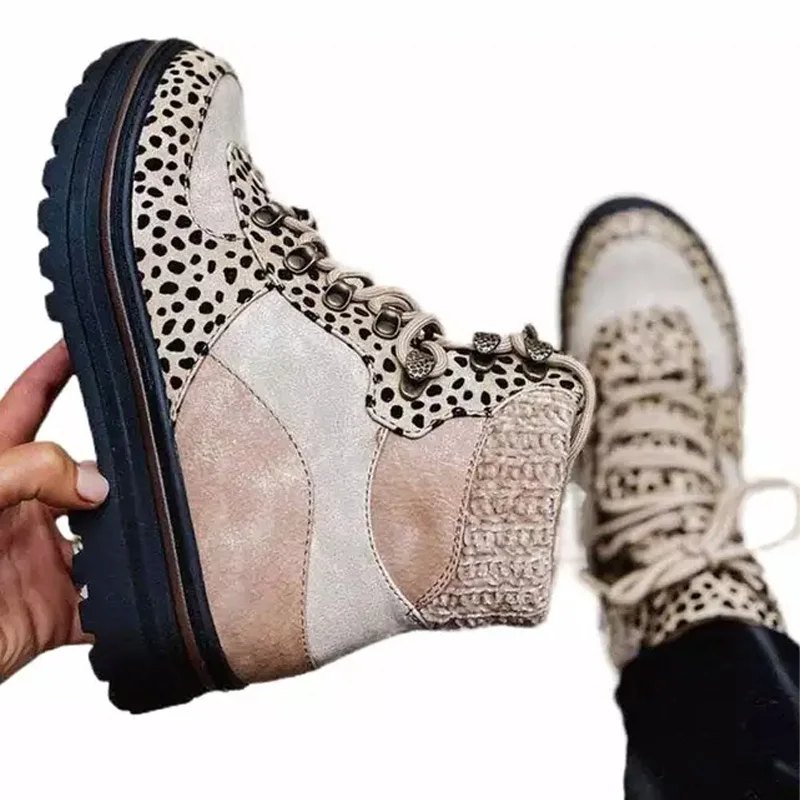 New Fashion Designer Leopard Color Block Patchwork Hiking Bootie Winter Boots For Women
