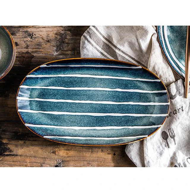 Restaurant Dinner Plates Modern Handmade Ceramic  Hot Selling Good Quality Classic Design Dinner Set Indigo 11.5 inch oval plate