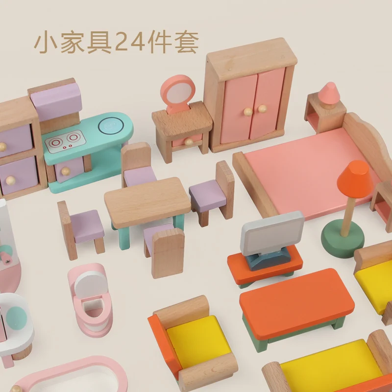 Dollhouse accessories 24 sets Pretend play wooden Mini furniture doll house