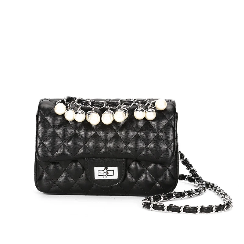 Pu leather ladies chain shoulder strap small one shoulder messenger bag luxury pearl embellished handbag messenger bag