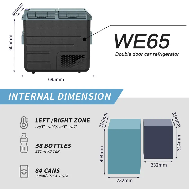 WAYCOOL WE65 58L DC12V/24V Electric Car Refrigerator with Dual Temperature Dual Control Function for Camping