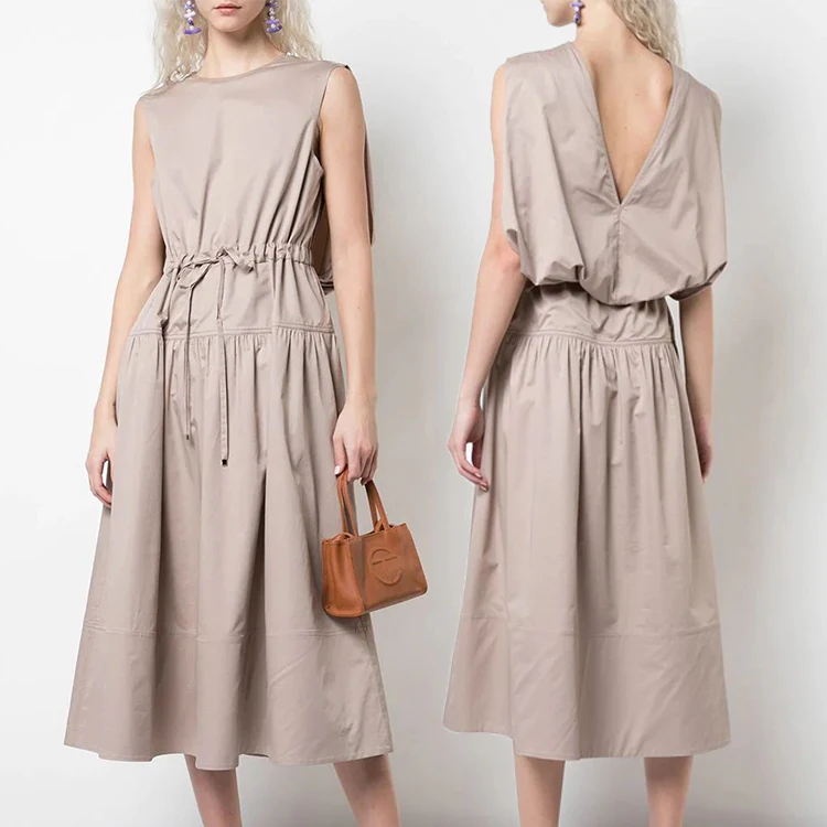Latest design in Korean style women wear Satin solid color sleeveless Cloak Drawstring pleated mid-length dress