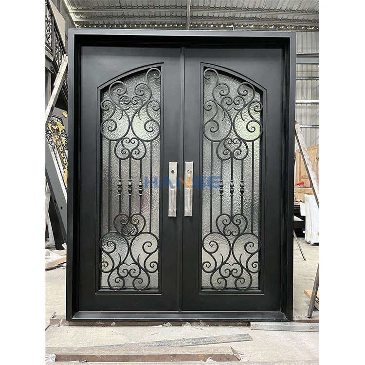 Factory Prices High Quality Modern Villa House Wrought Iron Grill Front Entry Door Designs with Operable Window