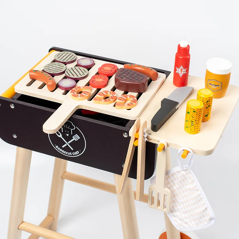 New Cooking Food Pretend Barbecue Trolley Toy Kids BBQ Cart Tool Wooden Role Play Toys Wooden Kitchen Set Game Gift for Children