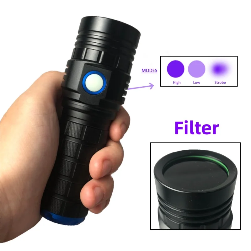 365nm UV Flashlight with Black Filter waterproof Cat Dog Urine Stain Money Leakage Scorpion Leakage jade phosphor inspection