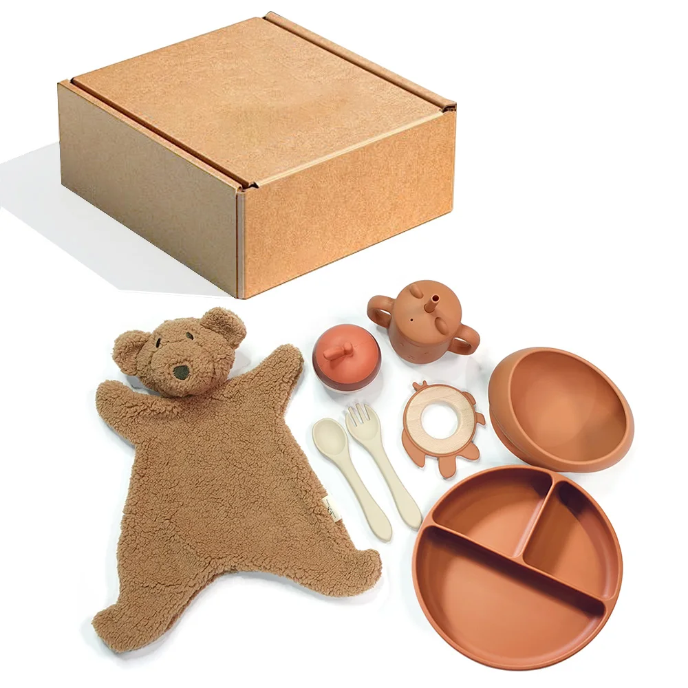 Wholesale Organic Silicone Bowl Plate  Set Baby Teether Toys Wooden Rattle Bracelet Bunny Comfort Baby Gift Box Set Newborn