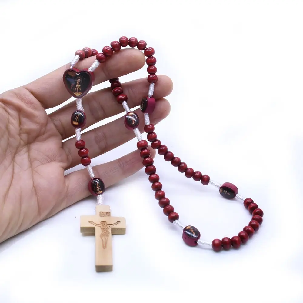 Christ Jesus Wooden Beads Rosary Bead Cross Pendant Red Chartlet Chain Necklace Religious Jewelry
