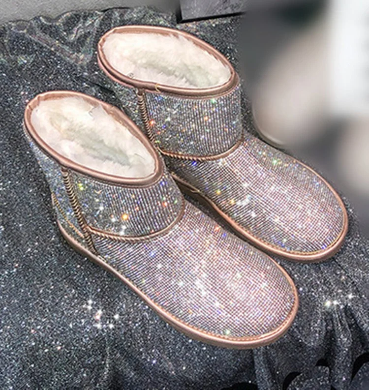 
2021 Fashion Bling Bling Luxury Women Crystal Korean Casual Snow Boots Rhinestone Round Toe Fur Ankle Boots 