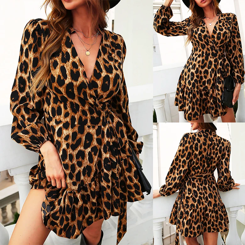 Hot Sale 100 Polyester Women Leopard Print Casual Dress
