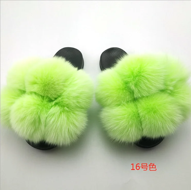
Wholesale customized colorful cute pom pom balls fox fur slides fluffy multi-color fruffy fur slippers 