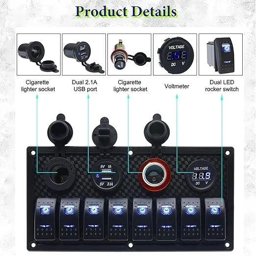 12V 8 Gang Marine Boat Switch Panel ON OFF 5 Pin Toggle Switches Panel with LED Circuit Breaker 3.1A USB Charger Voltmeter