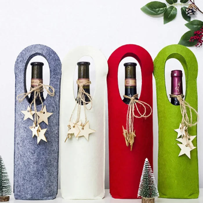 Cover Wiht Star Shape String Champagne Gift Bag Unique Pure Colour Felt Christmas Wine Bottle Holders Xmas Party Supplies Decor
