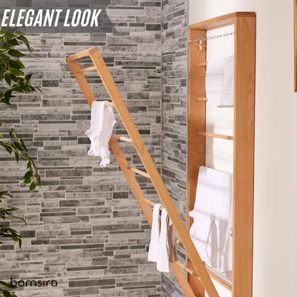 Folding Wooden Wall Mounted Portable Clothes Dryer Airer With Double Side Bars for Cloth , Wall Dryer