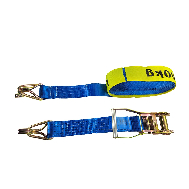 Blue polyester double-sided strap sling with swan hook ratchet strap trailer fastener