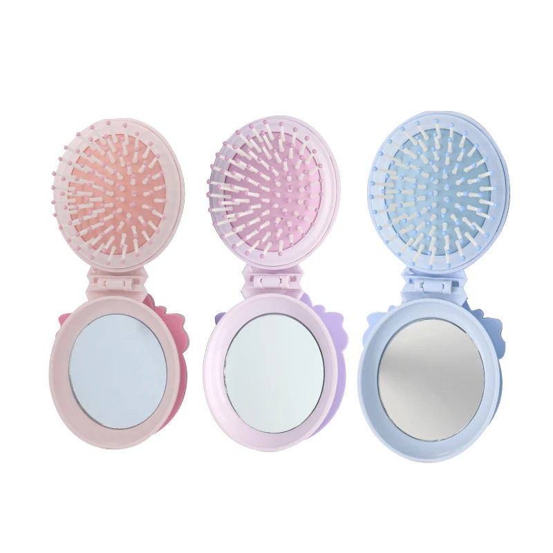 Compact 2-in-1 Mirror Comb Scalp Massage Detangling Comb Cute Design Foldable Hair Brush Plastic Portable Pocket Travel Home Use