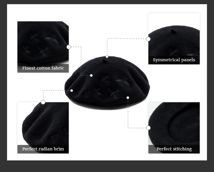 Custom Women Men Embroidery Berrete Embroidered Berets Femme 100% Wool Boina Hat Military Cap Beret