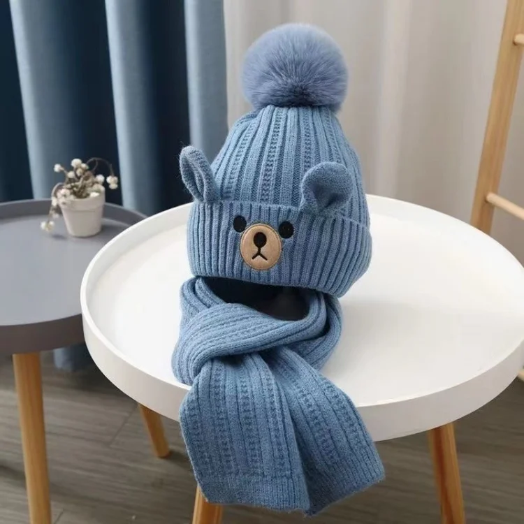 High Quality Warm Beanie Kids Winter Hat Scarf Sets Custom Little Bear Ladies Designer Hat And Scarf Brand Sets Cap For Kids