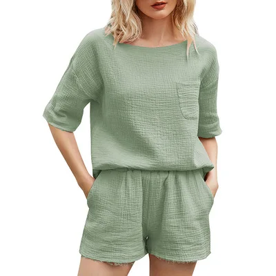 Summer fashionable home set women 2 piece set ladies cotton linen outfit with pocket for lady short sleeve and short pant