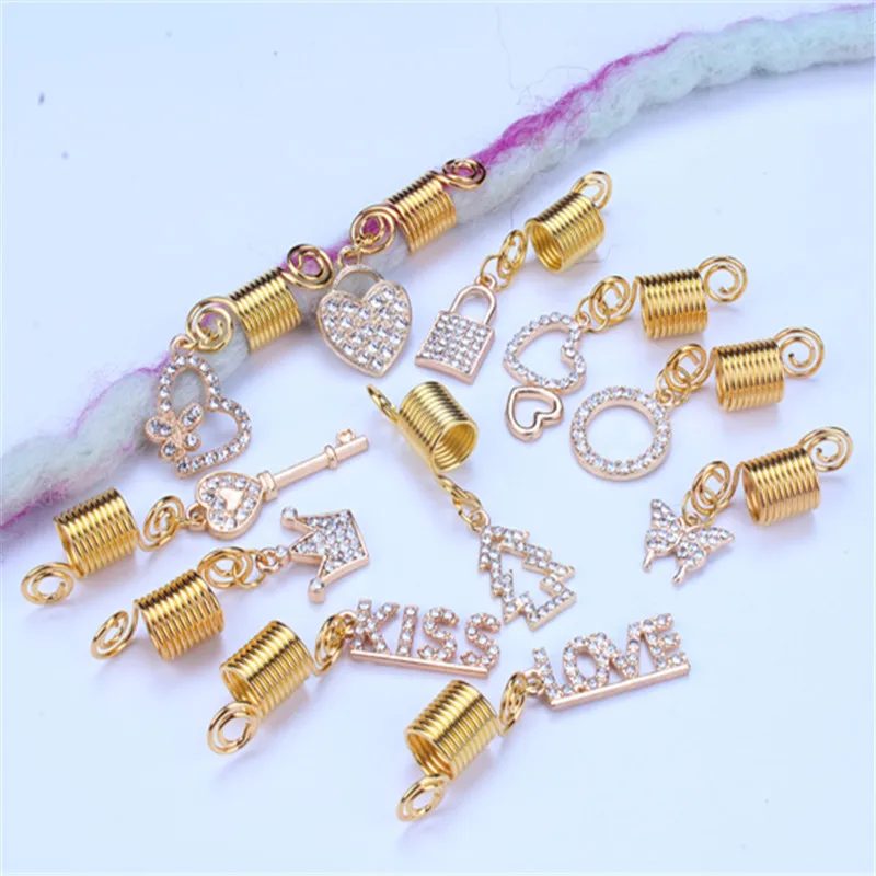 Jachon Beaded alloy heart pendant set with diamond Ethnic spiral coil Coil Spring hair ornament Dreadlocks Irish hair ring