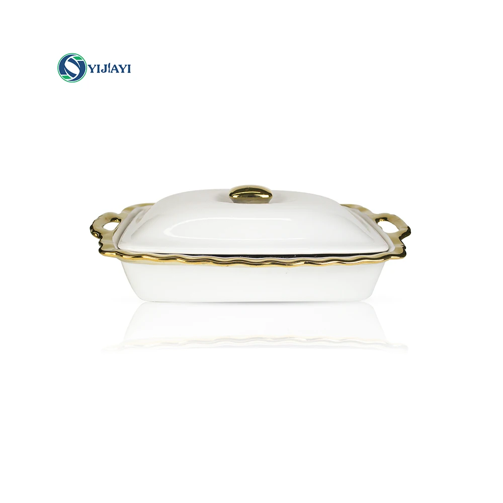 JIUWANG gold-plated Ceramic Baking Dish and Ramekins Set Casserole Dish with Handles Packaging