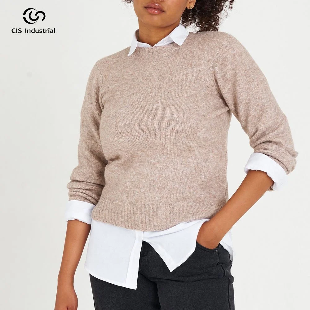 Custom jacquard casual ladies knitted sweater pullover round neck cotton poly core spun yarn loose knitwear