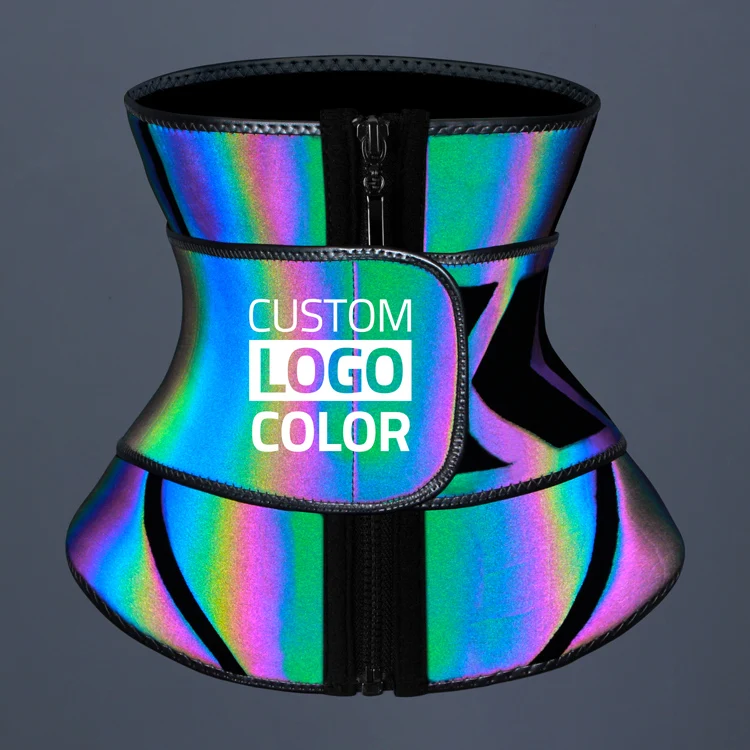 2021 Custom Logo Wholesale Zipper Waist Trimmer Neon Rainbow Reflective Neoprene Slimming Shaper Waist Trainer Belt For Ladies
