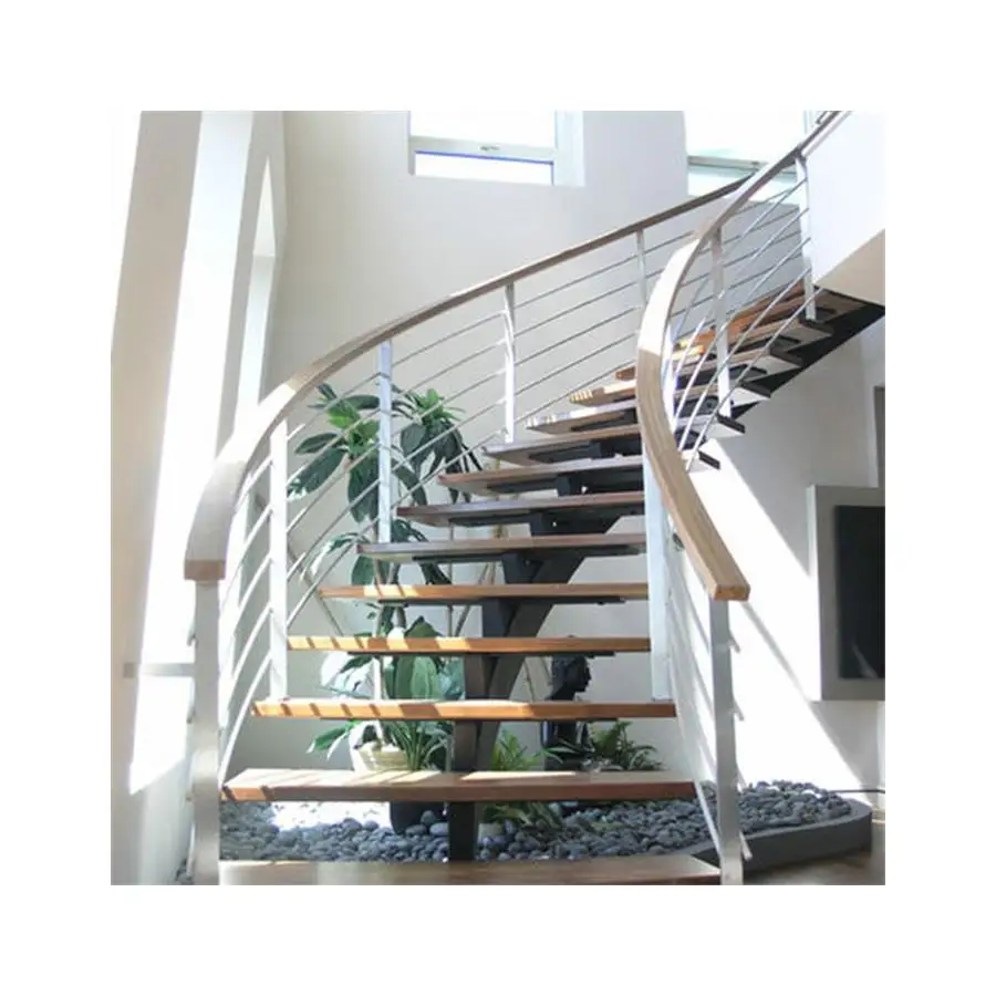 Luxury Villa Indoor Staircase Tempered Glass Railing Modern Curved Stairs Steel Staircase