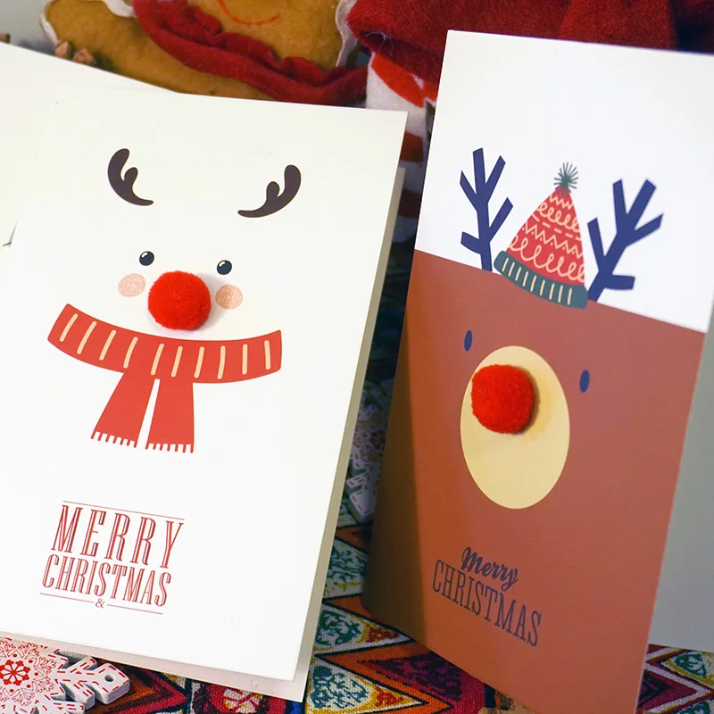 Wholesale Custom Printing Logo  3D woolly Red Nose Christmas Moose Elk Wishing Gift Paper Greeting Card