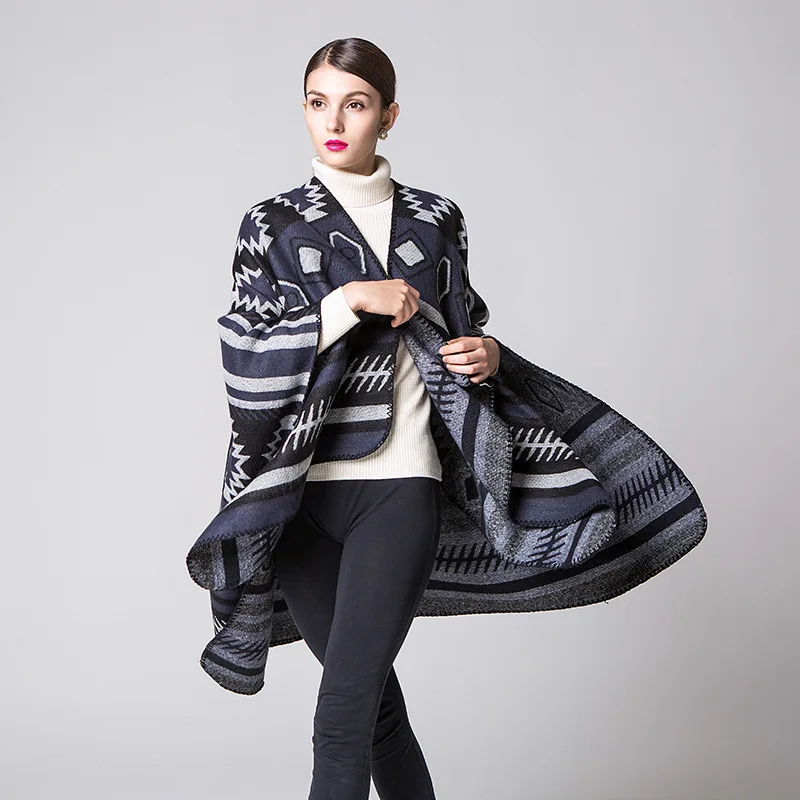 Модная акриловая жаккардовая шаль с геометрическим рисунком, зимний ацтекский одеяло, шарф ruana для женщин