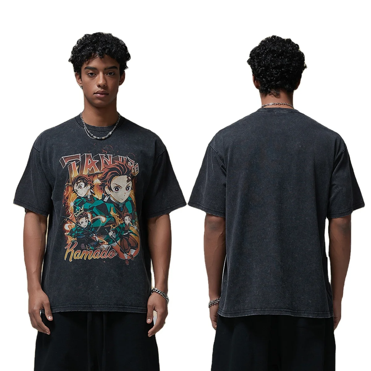 Customized T Shirts Manufacturers Heavy Black Cotton Acid Wash Vintage Graphic Demon Slayer Anime Men T-shirt 250 Grams