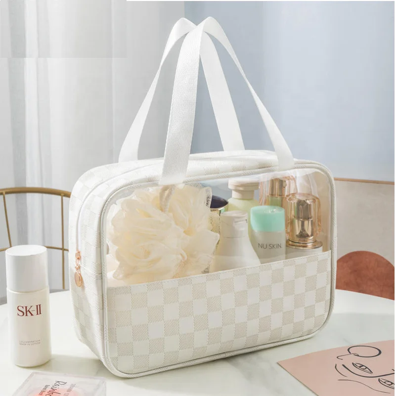 Custom Travel Square PU Cosmetic Bag Clear PVC Storage Wash Organizer Toiletry Bag  Makeup Bag With Handle