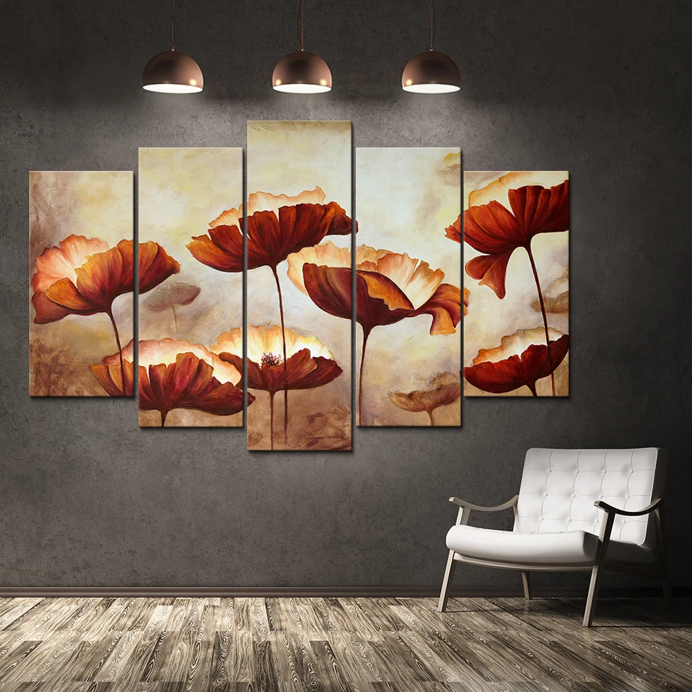 5 panels personalised custom split Lotus leaf painting canvas prints