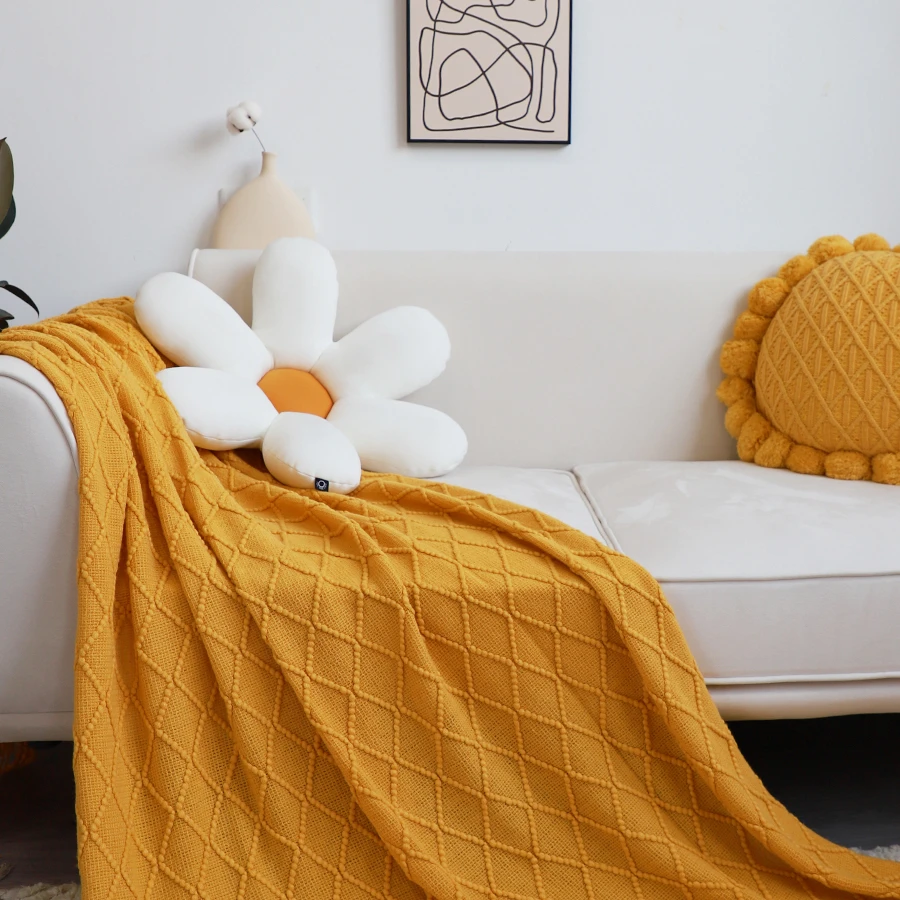 Tassel Throw Blanket Fringe Tassels Cable Knit Yellow Blanket Acrylic Textured Solid Home Chair Sofa Couch Bed Decor Blankets