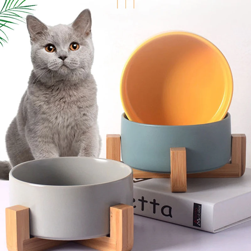 
Jade-cer wholesale color glazed ceramic pet dog cat food and water bowl with wooden frame stand 