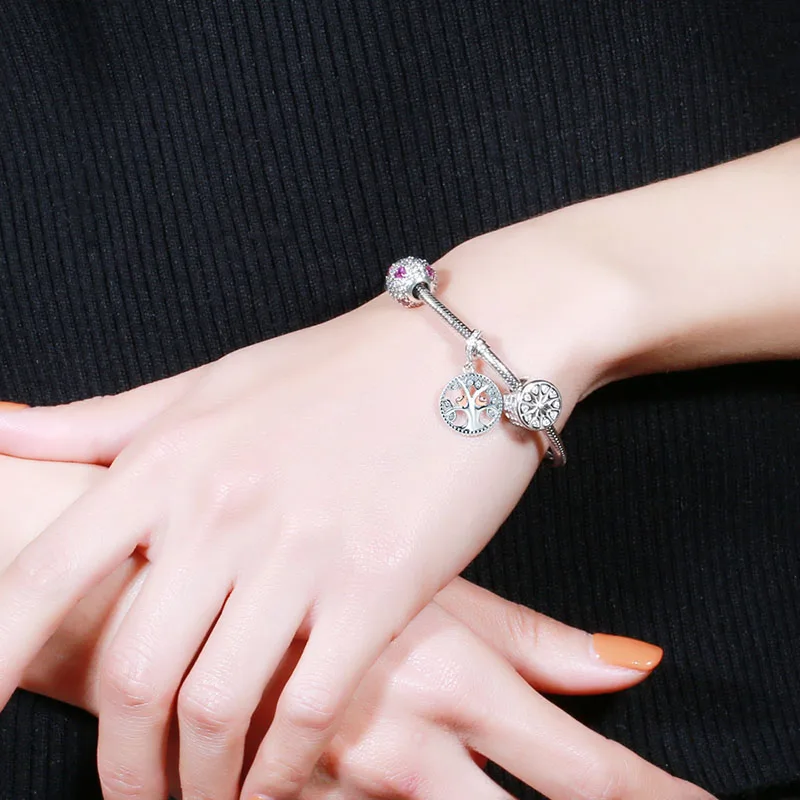 925 Sterling Silver Family Tree of Life Charms Rose Gold Beads with Zircon Fit Authentic European Bracelets Jewelry Gift