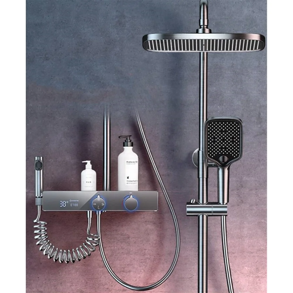 Intelligent Grey Stainless Steel Temperature Display Large Bathroom Digital Shower For Bath With Four Water Outlets