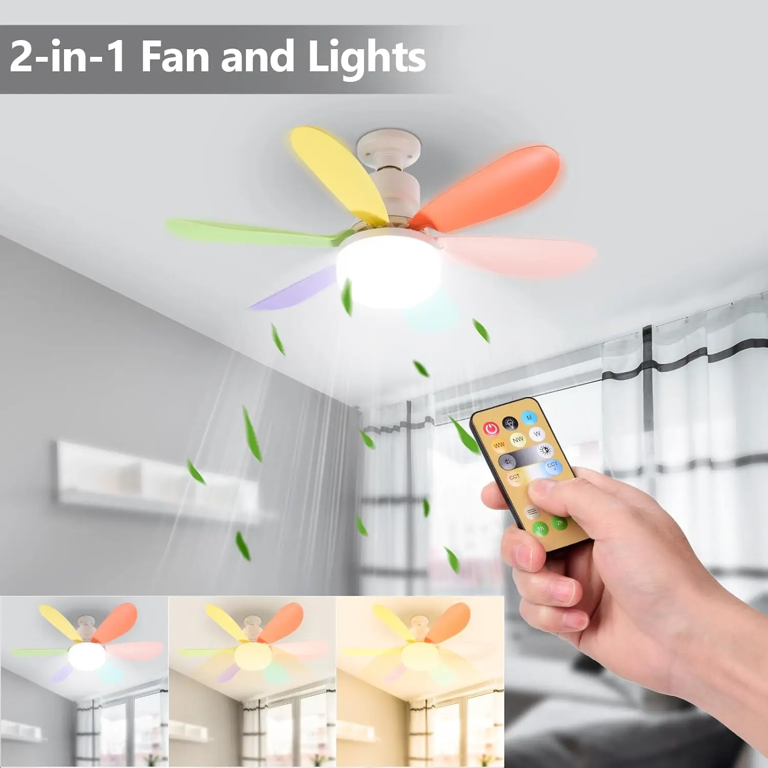 Adjustable ceiling fan with E26 base, screw socket fan for indoor bedroom kitchen living room, multi-color