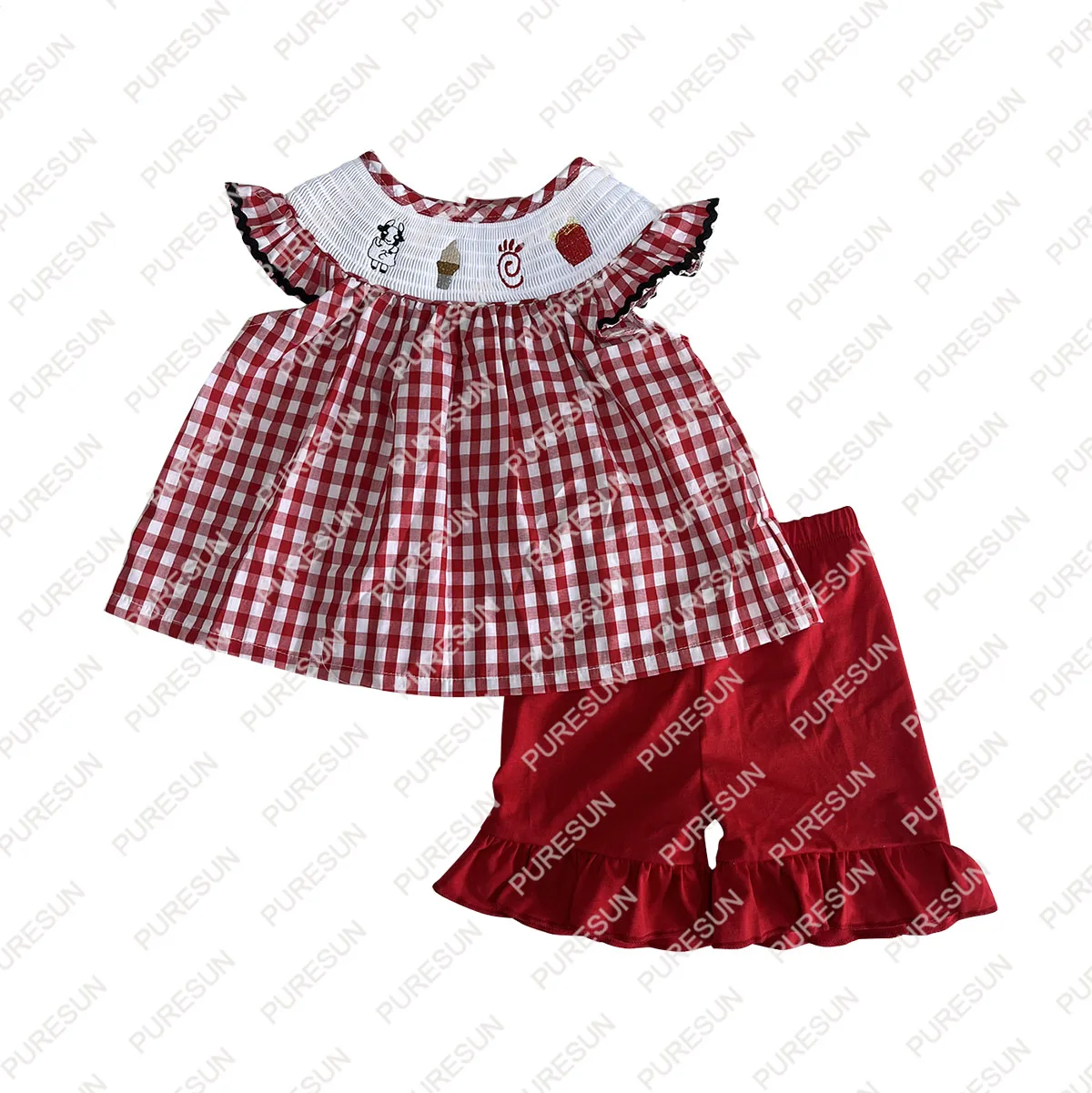 Puresun custom designs smocked baby clothes wholesale red gingham chick smocked baby girl boutique clothing set