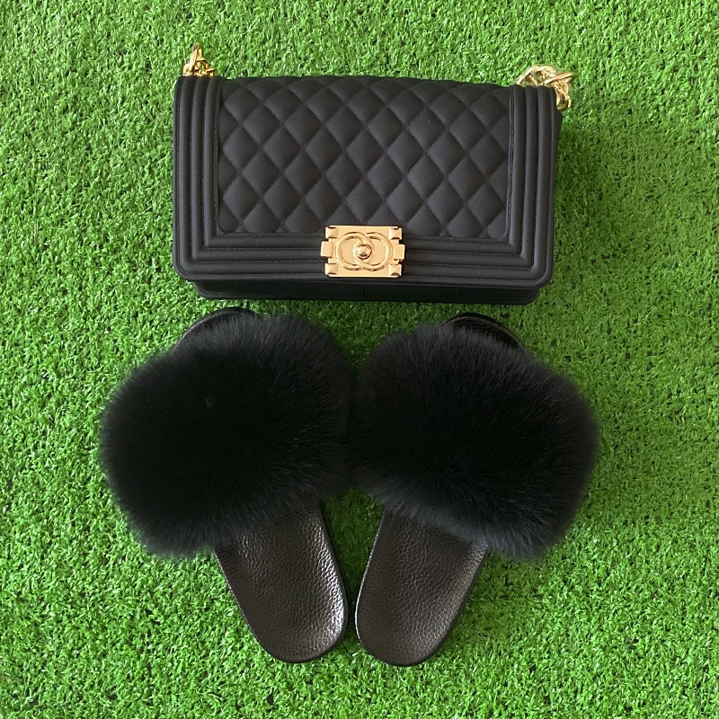 Fox Fur Slides Indoor Slippers Big fluffly Fox Fur Slides match women handbag