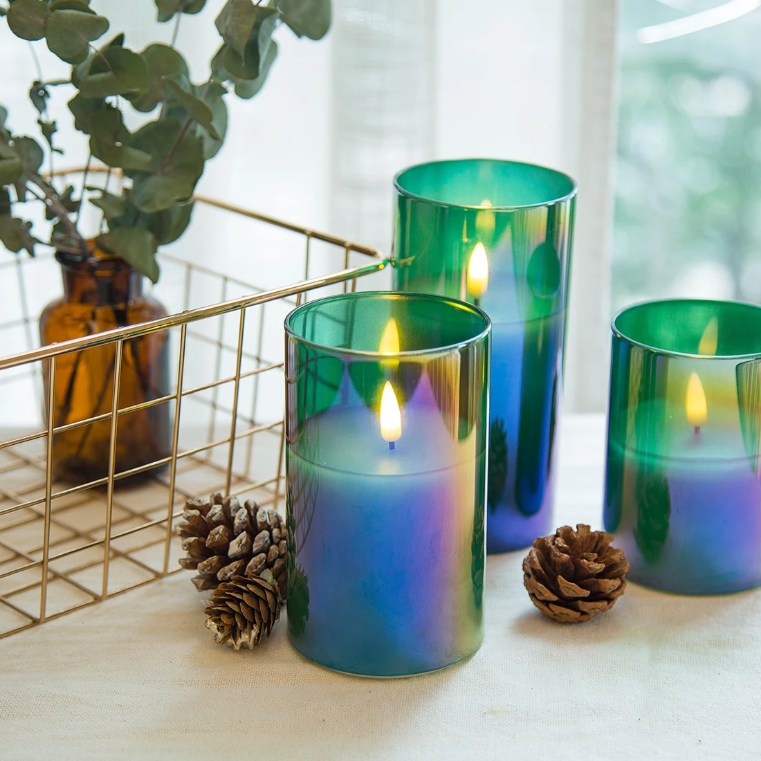 Wholesale 3d flameless Wedding pillar paraffin wax green glass led scented candles