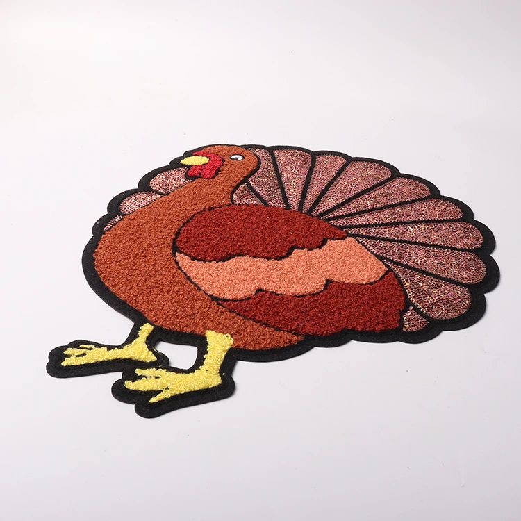 Wholesale large big embroidery sew on patches thanksgiving iron on glitter sequin chenille turkey patch for women shirt