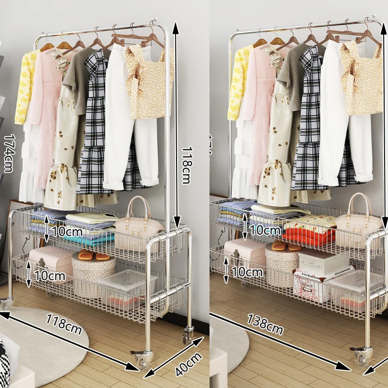 Kainice double layer storage floor hanger clothes organizer rack hotel commercial metal laundry basket cart with wheels
