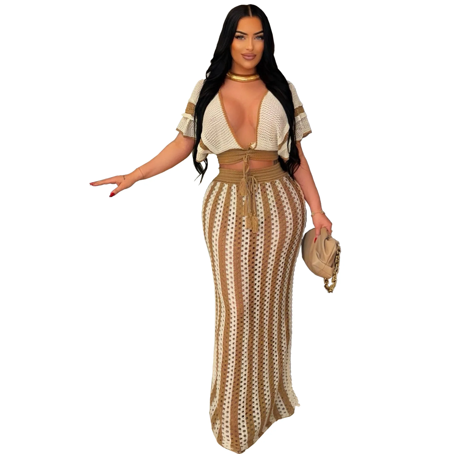 summer beach wear crochet two piece set skirt and top woman fashion white top and skirt set
