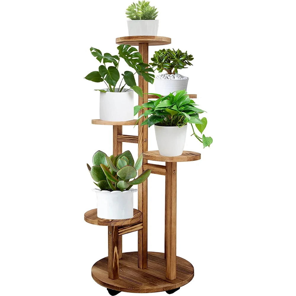 FSC BSCI Customized 5 Tiered Tall Plant Stand Solid Pine Wood Plant Flower Shelf Corner Display Rack