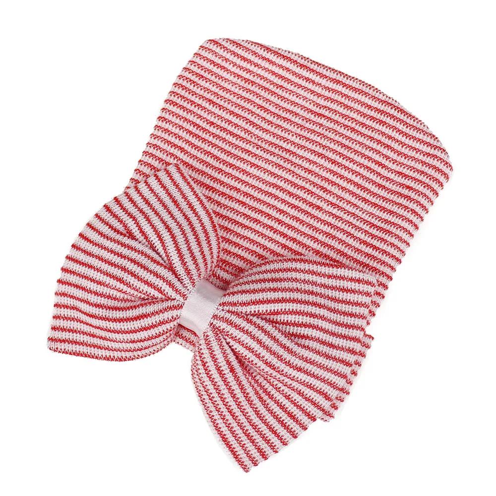 Шапка-тюрбан в полоску для новорожденных мальчиков и девочек, шерстяная мягкая эластичная Шапка-бини, с милым бантом