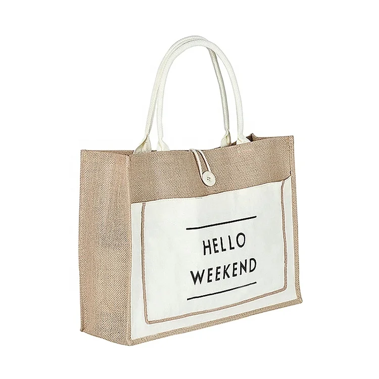 Hot selling wholesale reusable natural burlap linen hemp beach bag custom logo hello weekend printed tote shopping jute bag