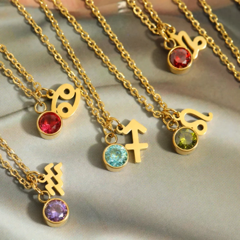 Wholesale 12 Zodiac Necklace Gold Plated Stainless Steel Colorful Zircon Birthstone Zodiac Sign Pendant Necklace