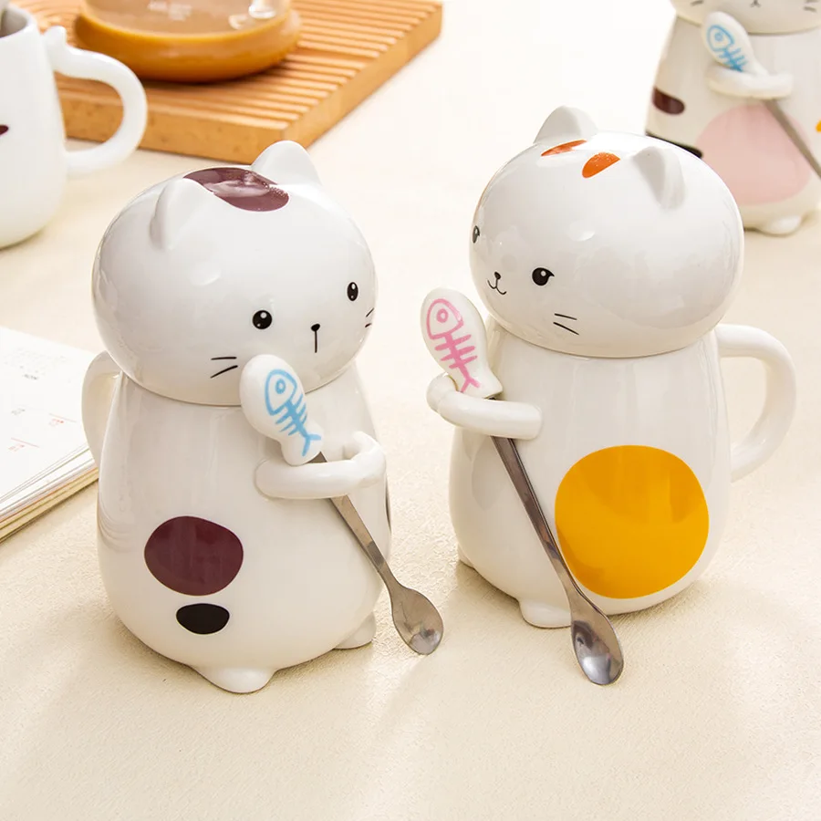 Super Cute 3D Cartoon Cat Ceramic Mug With Cover And Spoon Couple Ceramic Water Cup Breakfast Coffee Cup