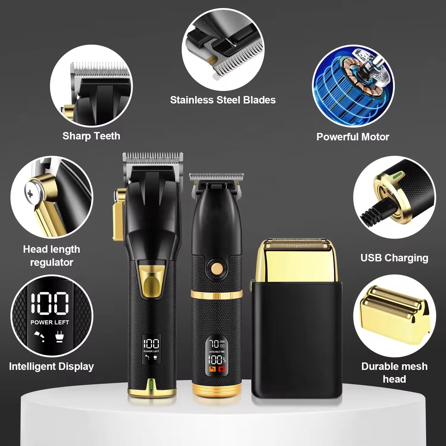 Multi Pro Black Gold Three Piece Set Electric Hair Clippers Rechargeable Shaver Low Noise for Men Cordless Customized Logo